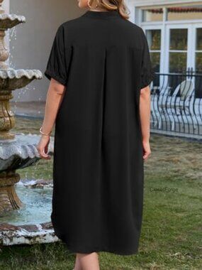 Plus Size Collared V Neck Short Sleeve Maxi Dress Curved Flowy Loose Fit